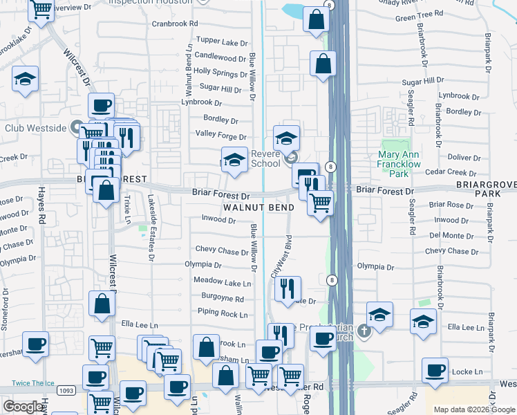 map of restaurants, bars, coffee shops, grocery stores, and more near in Houston