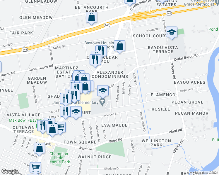 map of restaurants, bars, coffee shops, grocery stores, and more near 1712 James Bowie Drive in Baytown