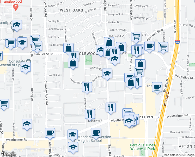 map of restaurants, bars, coffee shops, grocery stores, and more near 5327 Del Monte Drive in Houston