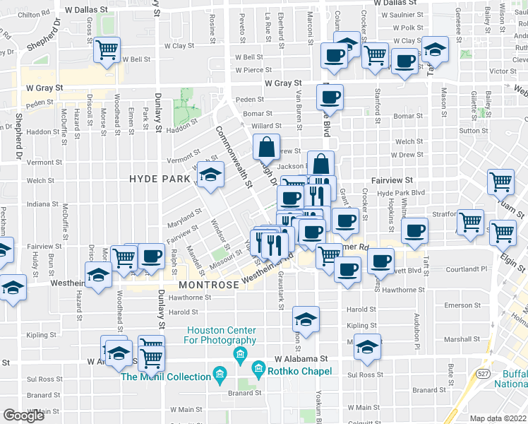 map of restaurants, bars, coffee shops, grocery stores, and more near Commonwealth St & Hyde Park Blvd in Houston