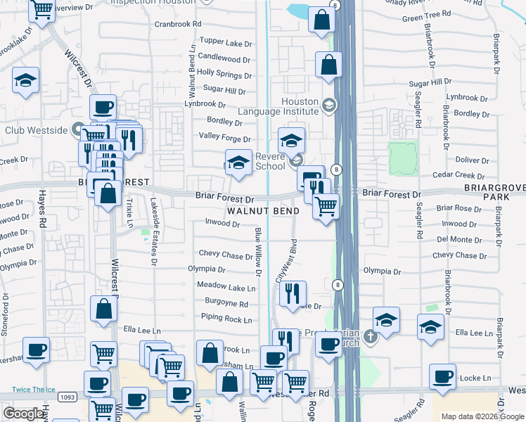 map of restaurants, bars, coffee shops, grocery stores, and more near in Houston