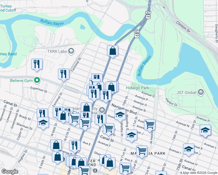 map of restaurants, bars, coffee shops, grocery stores, and more near 6830 Avenue P in Houston