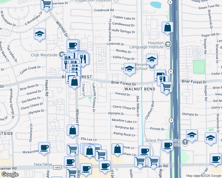 map of restaurants, bars, coffee shops, grocery stores, and more near 10723 Boardwalk Street in Houston