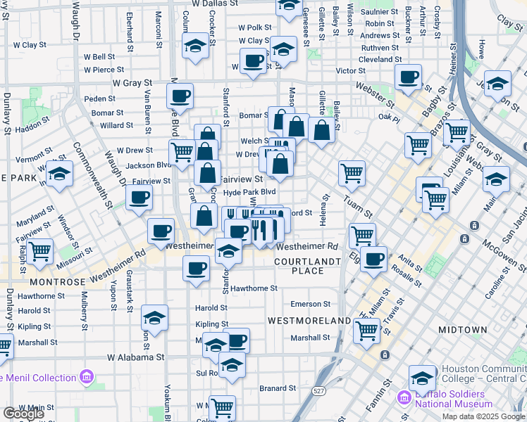 map of restaurants, bars, coffee shops, grocery stores, and more near 409 Stratford Street in Houston