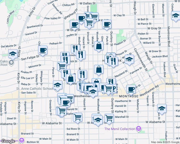 map of restaurants, bars, coffee shops, grocery stores, and more near 2111 Driscoll Street in Houston