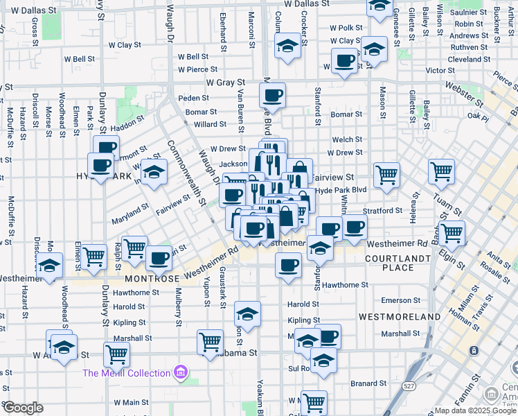 map of restaurants, bars, coffee shops, grocery stores, and more near 2515 Yoakum Boulevard in Houston