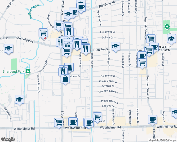 map of restaurants, bars, coffee shops, grocery stores, and more near 6315 Del Monte Drive in Houston