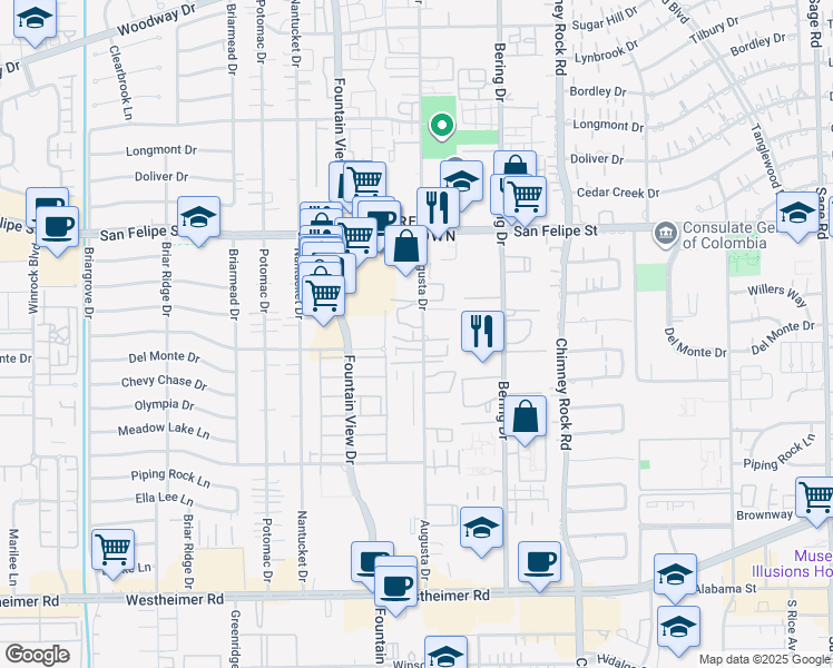 map of restaurants, bars, coffee shops, grocery stores, and more near 1910 Augusta Drive in Houston