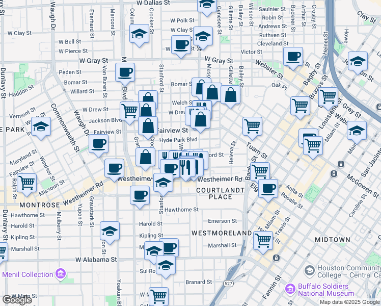 map of restaurants, bars, coffee shops, grocery stores, and more near 405 Stratford Street in Houston
