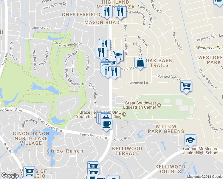 map of restaurants, bars, coffee shops, grocery stores, and more near 2491 South Mason Road in Katy
