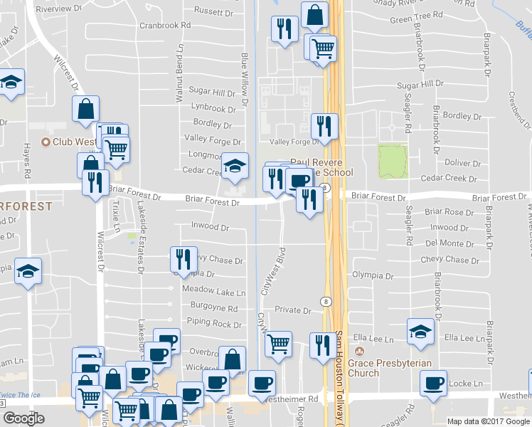 map of restaurants, bars, coffee shops, grocery stores, and more near 1500 City West Boulevard in Houston