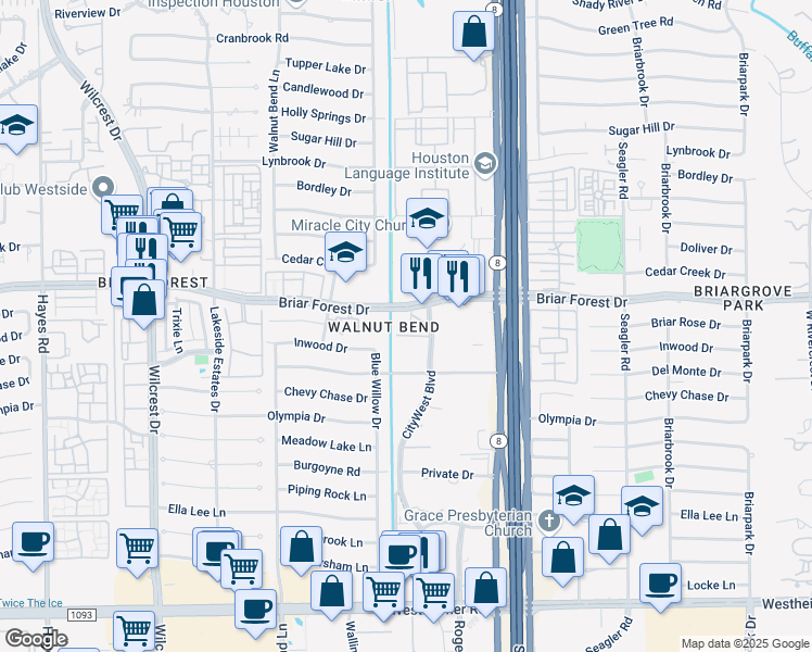 map of restaurants, bars, coffee shops, grocery stores, and more near 1500 CityWest Boulevard in Houston