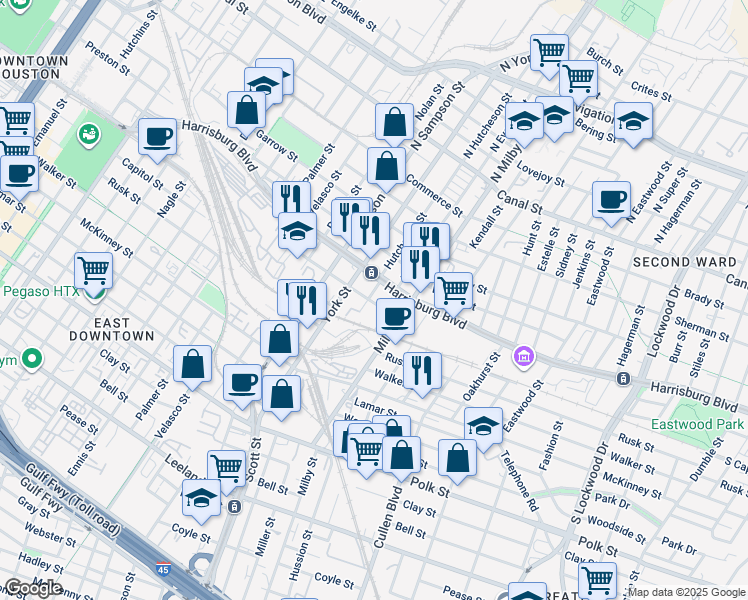 map of restaurants, bars, coffee shops, grocery stores, and more near 3601 Texas Street in Houston