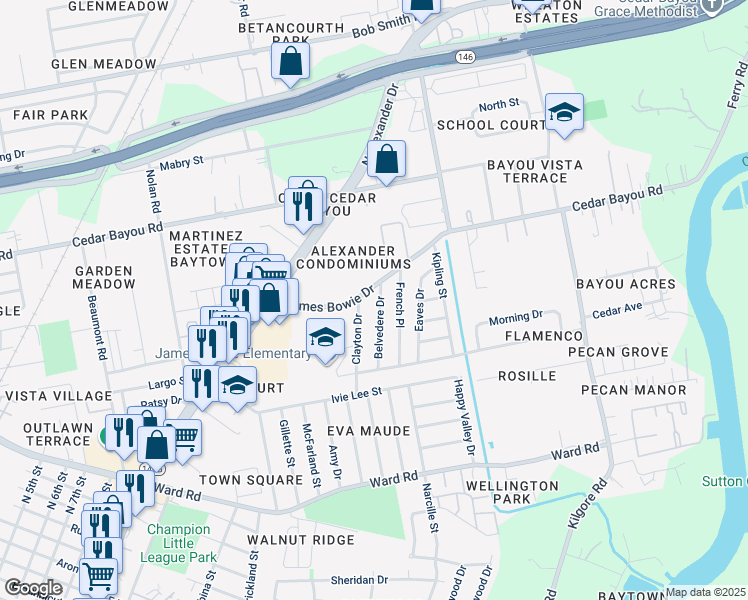 map of restaurants, bars, coffee shops, grocery stores, and more near 2306 Belvedere Drive in Baytown