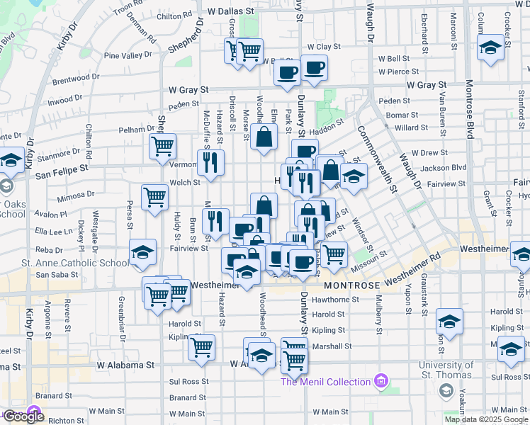 map of restaurants, bars, coffee shops, grocery stores, and more near 2109 Woodhead Street in Houston