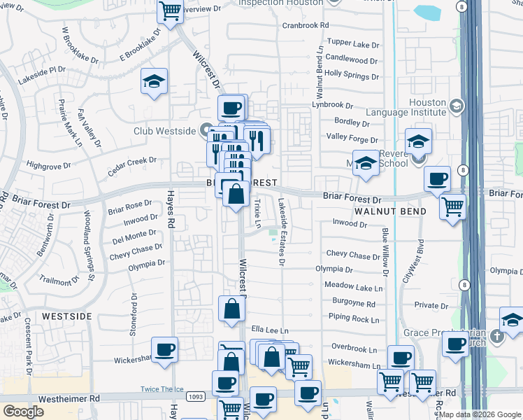 map of restaurants, bars, coffee shops, grocery stores, and more near 2005 Trixie Lane in Houston