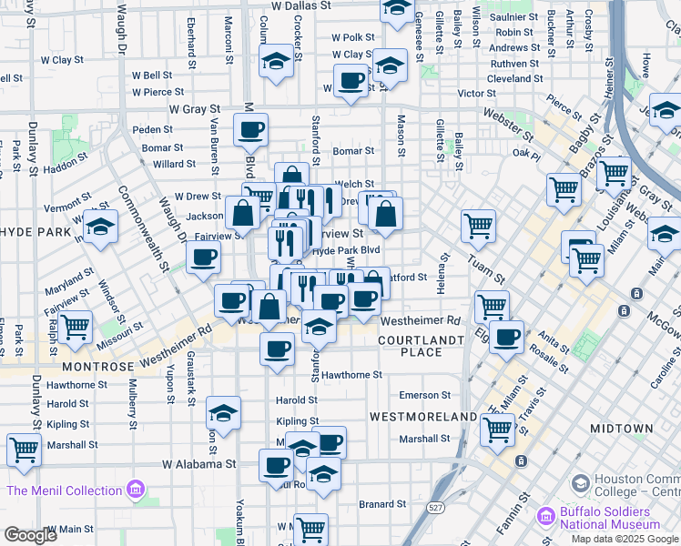 map of restaurants, bars, coffee shops, grocery stores, and more near 2603 Hopkins Street in Houston