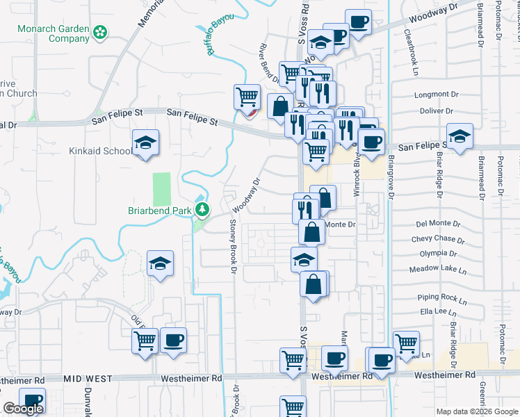 map of restaurants, bars, coffee shops, grocery stores, and more near 7538 Inwood Drive in Houston