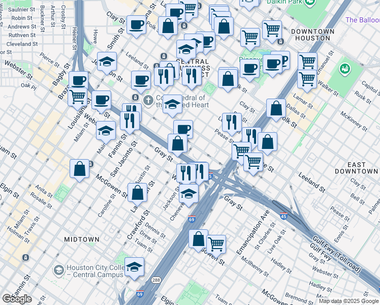 map of restaurants, bars, coffee shops, grocery stores, and more near 1919 Crawford Street in Houston