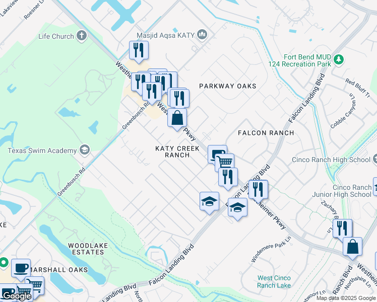 map of restaurants, bars, coffee shops, grocery stores, and more near 25206 Bluma Ranch Drive in Katy
