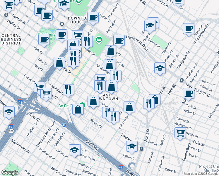 map of restaurants, bars, coffee shops, grocery stores, and more near 1110 Delano Street in Houston