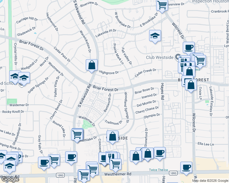 map of restaurants, bars, coffee shops, grocery stores, and more near 11642 Briar Rose Drive in Houston