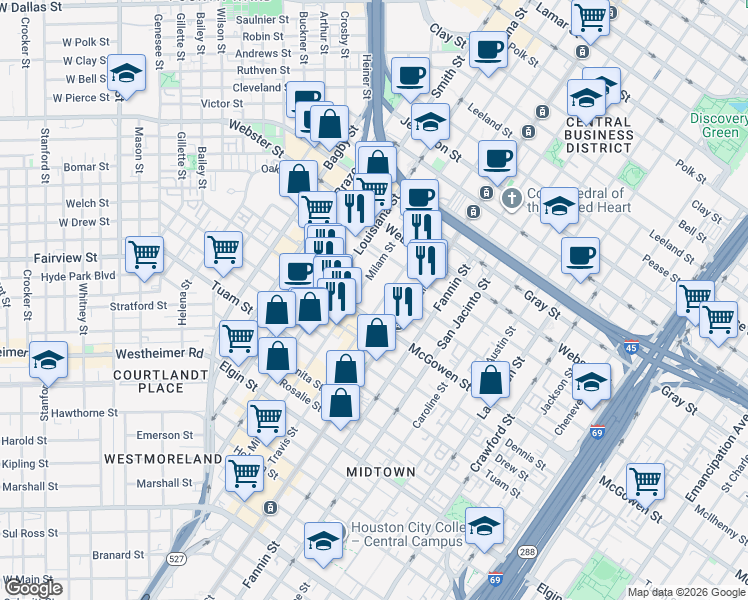 map of restaurants, bars, coffee shops, grocery stores, and more near 2510 Travis Street in Houston