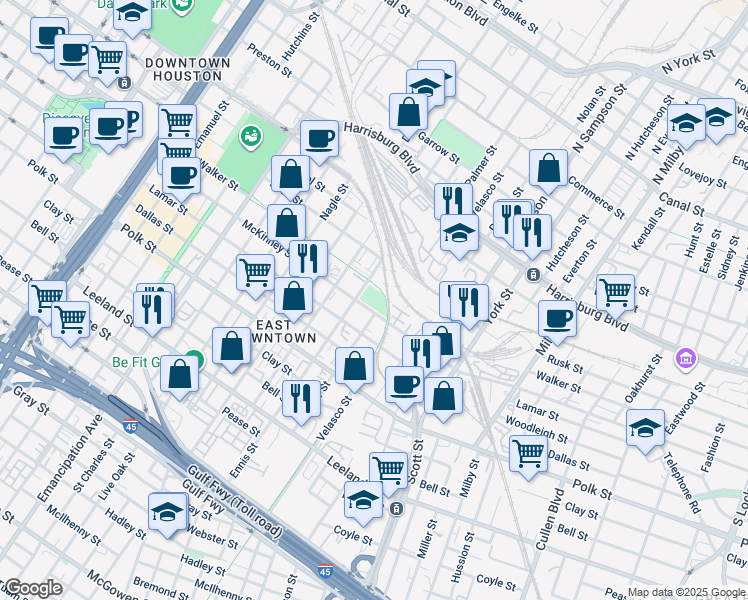 map of restaurants, bars, coffee shops, grocery stores, and more near 3103 McKinney Street in Houston