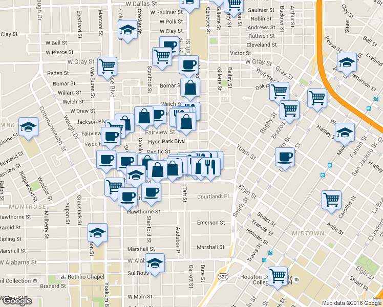 map of restaurants, bars, coffee shops, grocery stores, and more near 2616 Mason Street in Houston