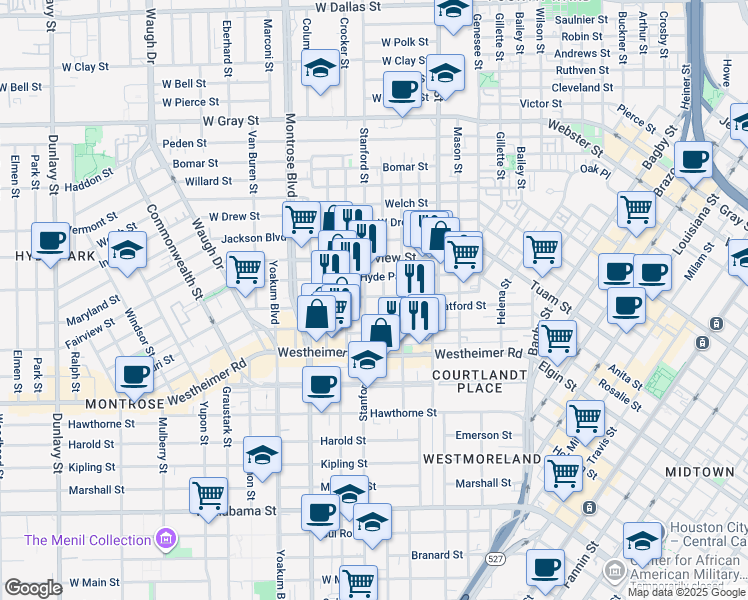 map of restaurants, bars, coffee shops, grocery stores, and more near 2603 Hopkins Street in Houston