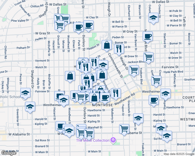map of restaurants, bars, coffee shops, grocery stores, and more near 1716 Maryland Street in Houston