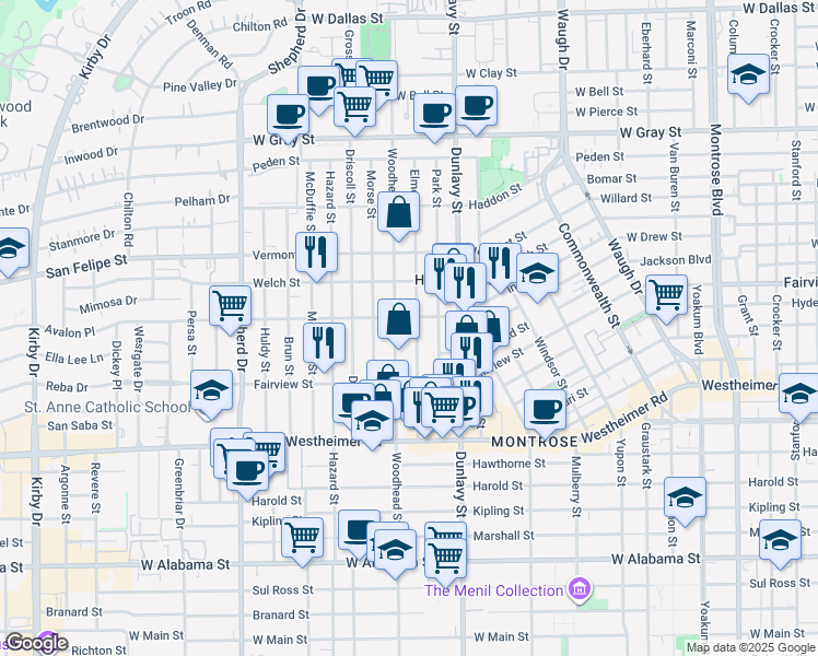 map of restaurants, bars, coffee shops, grocery stores, and more near 2109 Woodhead Street in Houston
