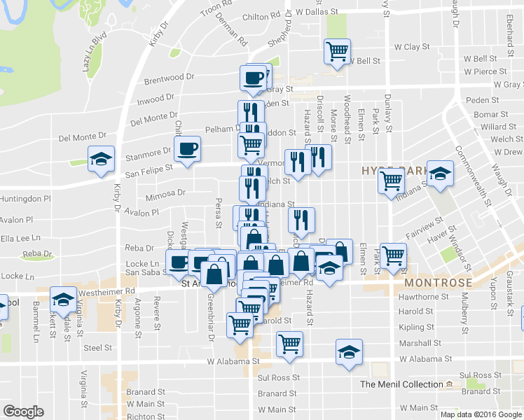 map of restaurants, bars, coffee shops, grocery stores, and more near 2111 South Shepherd Drive in Houston