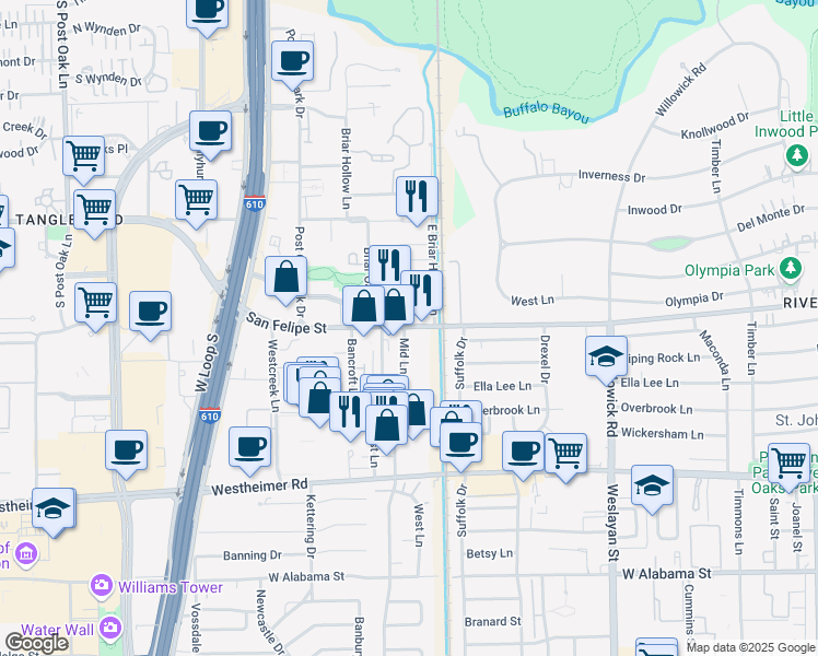 map of restaurants, bars, coffee shops, grocery stores, and more near 4227 San Felipe Street in Houston