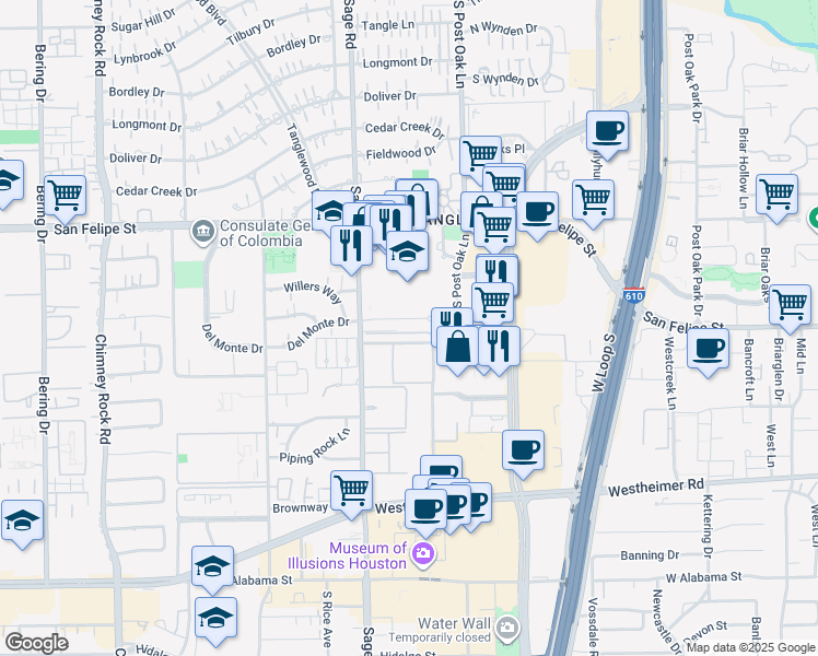 map of restaurants, bars, coffee shops, grocery stores, and more near 5107 Del Monte Drive in Houston