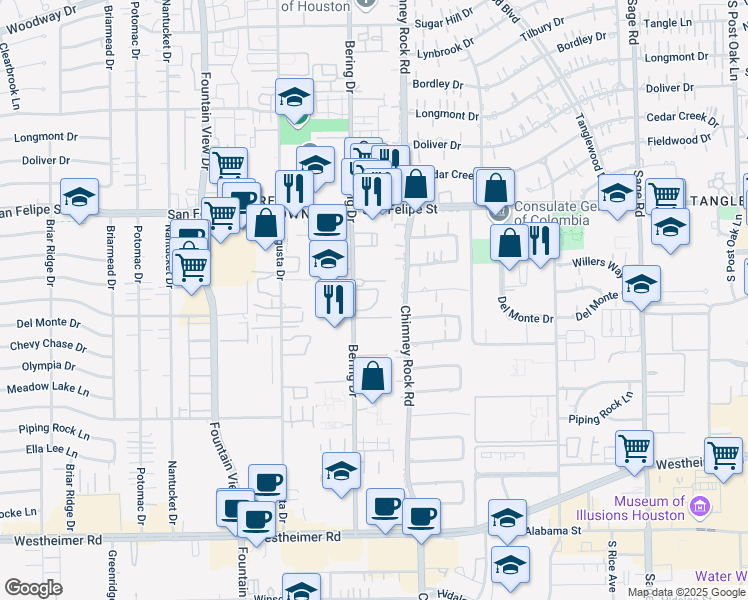 map of restaurants, bars, coffee shops, grocery stores, and more near 1881 Bering Drive in Houston