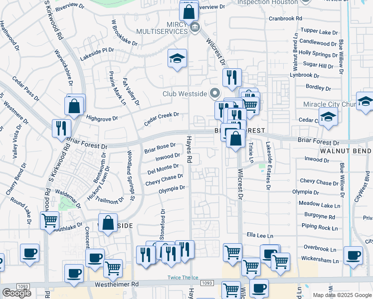 map of restaurants, bars, coffee shops, grocery stores, and more near 11318 Inwood Drive in Houston