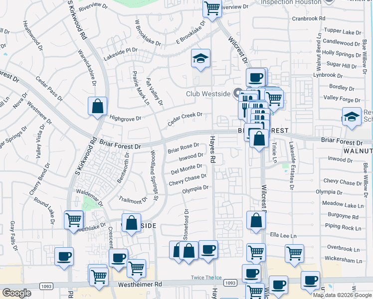 map of restaurants, bars, coffee shops, grocery stores, and more near 11407 Briar Rose Drive in Houston