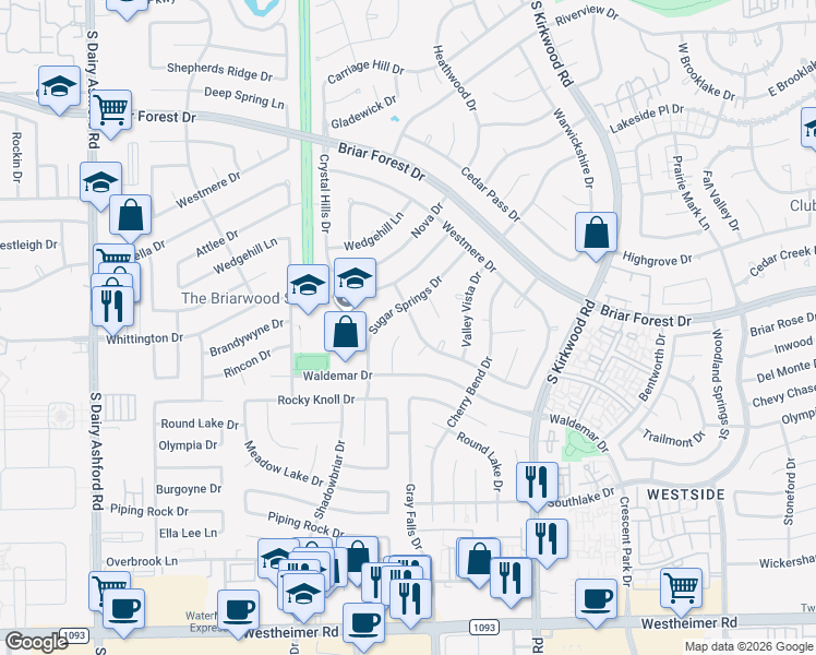 map of restaurants, bars, coffee shops, grocery stores, and more near 1830 Eagle Falls Court in Houston