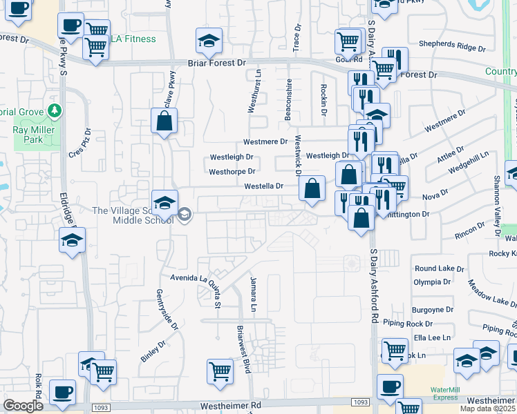 map of restaurants, bars, coffee shops, grocery stores, and more near 12850 Whittington Drive in Houston