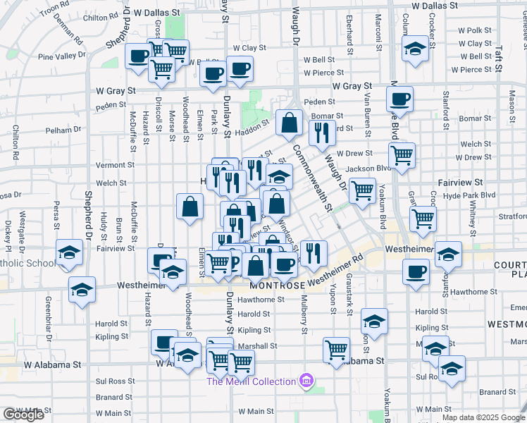 map of restaurants, bars, coffee shops, grocery stores, and more near 1716 Maryland Street in Houston