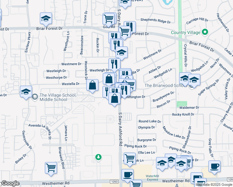 map of restaurants, bars, coffee shops, grocery stores, and more near 12600 Whittington Drive in Houston
