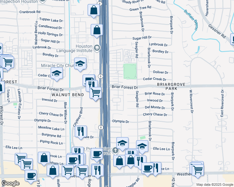 map of restaurants, bars, coffee shops, grocery stores, and more near 1553 West Sam Houston Parkway South in Houston