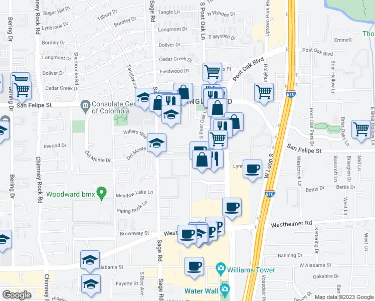 map of restaurants, bars, coffee shops, grocery stores, and more near 5107 Del Monte Drive in Houston