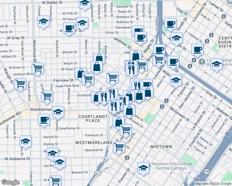 map of restaurants, bars, coffee shops, grocery stores, and more near Tuam Street & Bagby Street in Houston