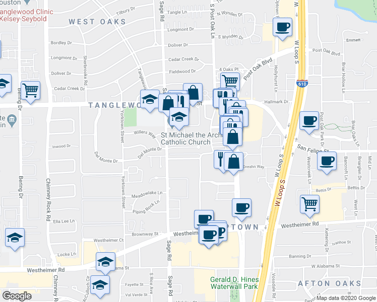 map of restaurants, bars, coffee shops, grocery stores, and more near 5107 Del Monte Drive in Houston