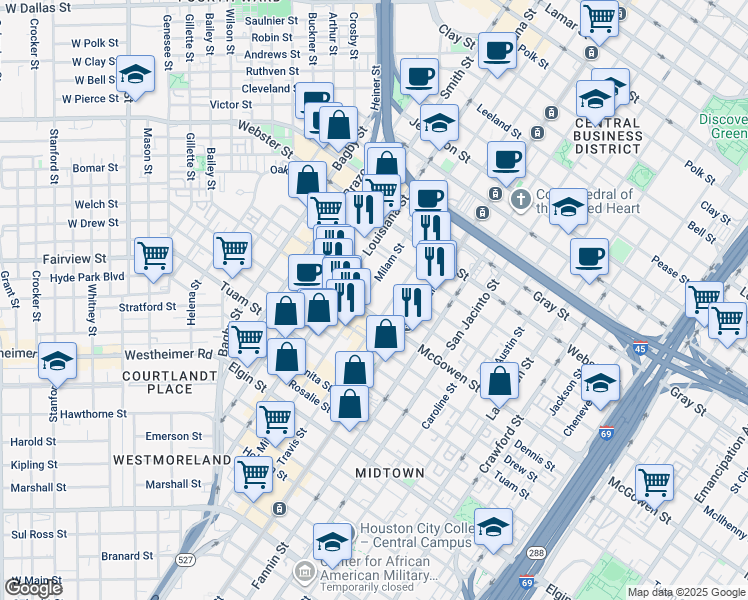 map of restaurants, bars, coffee shops, grocery stores, and more near 2510 Travis Street in Houston