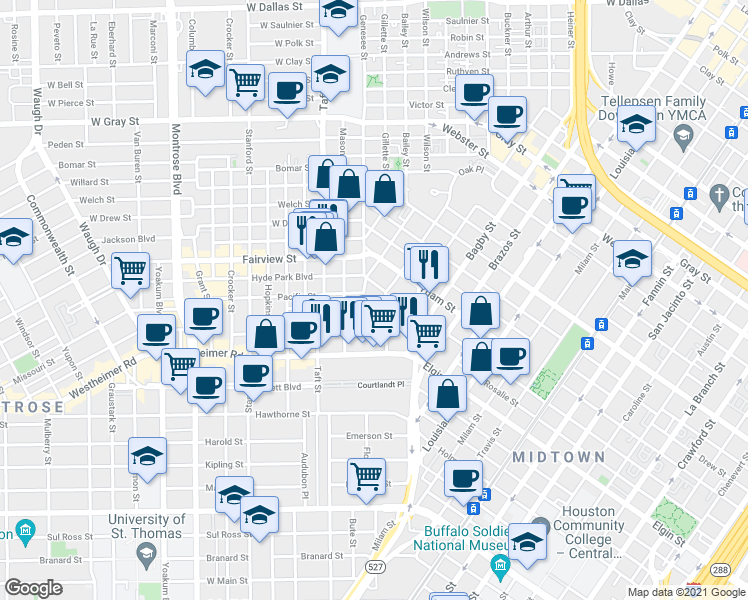 map of restaurants, bars, coffee shops, grocery stores, and more near 205 Stratford Street in Houston