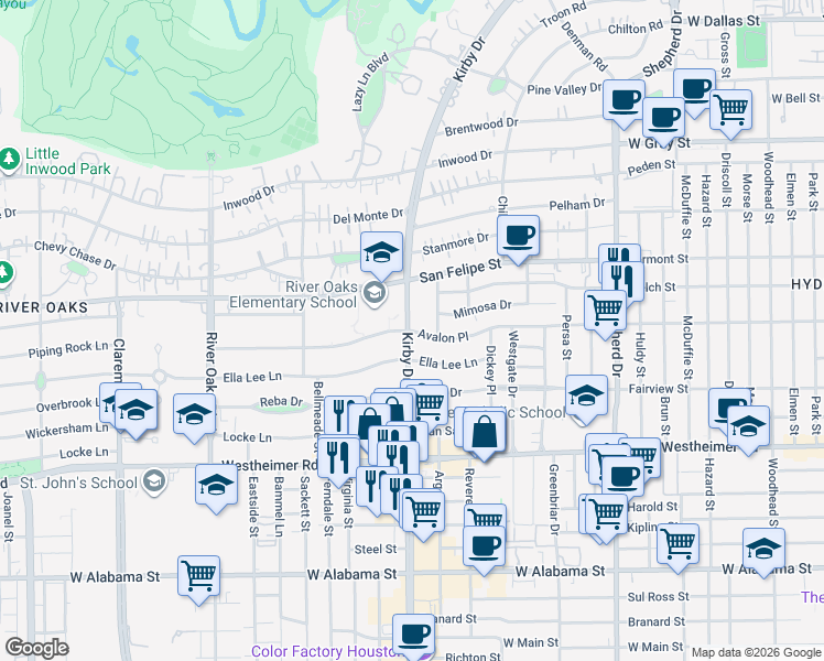 map of restaurants, bars, coffee shops, grocery stores, and more near Avalon Place in Houston