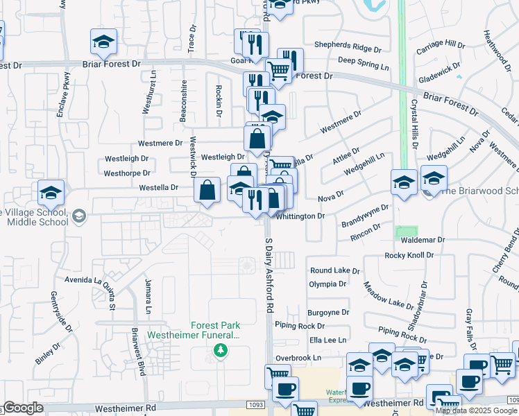 map of restaurants, bars, coffee shops, grocery stores, and more near 12600 Whittington Drive in Houston